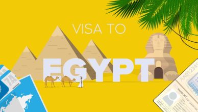 Egypt visa image with showing pyramids and camels.